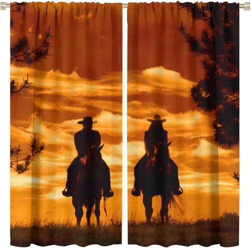 Vista 36 de Cortinas opacas de vaquero americano para sala de estar, atardecer occidental, rústico, vaquero, equitación, cortinas de ventana, aislamiento