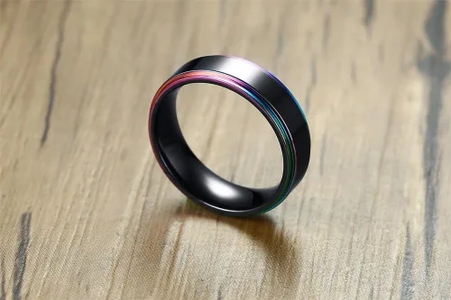 Vista 3 de MPRAINBOW Anillo de boda personalizado de acero inoxidable de 0.236in, anillo de arco iris grabado personalizado, anillo de compromiso de boda