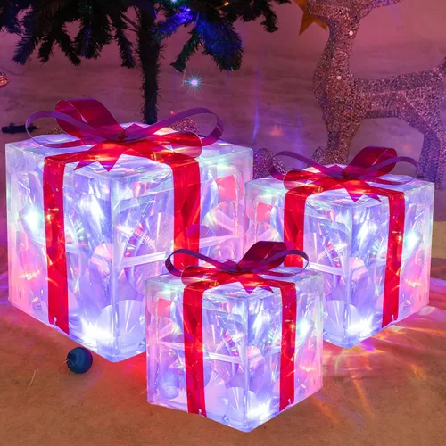 Vista 7 de Hourleey - Juego de 3 cajas de regalo iluminadas de Navidad, 60 luces LED preiluminadas, cajas de regalo decorativas para árbol de Navidad