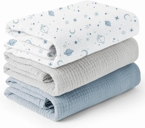 Vista 14 de Konssy paquete de 3 mantas de muselina para envolver al bebé unisex, manta de recepción para recién nacidos, tamaño grande 47 x 47 pulgadas, mantas