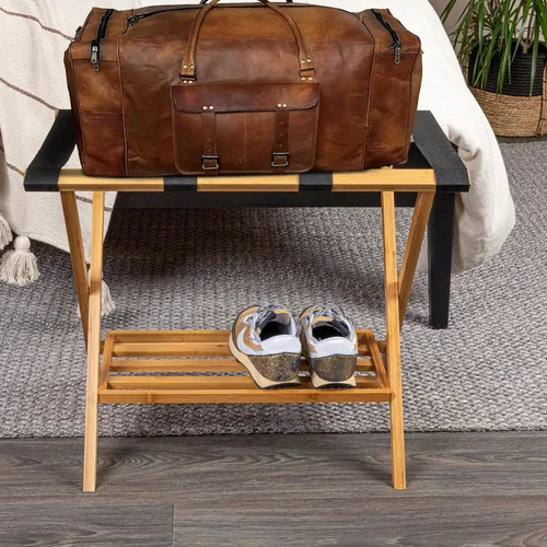 Vista 6 de Household Essentials Fully Assembled Folding Luggage Rack with Lower Storage Shelf Bamboo Frame with Black Straps
