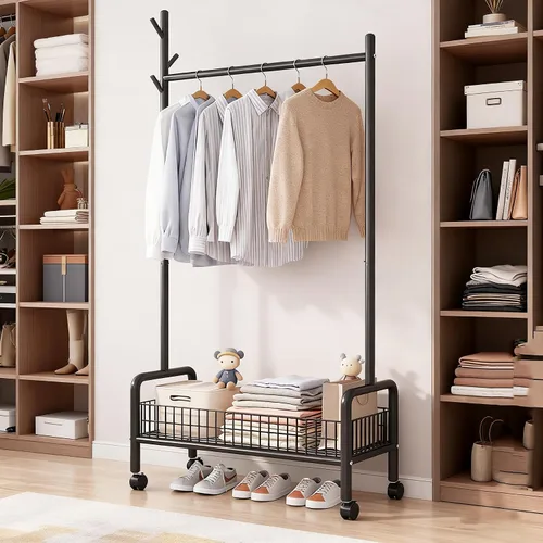 Vista 4 de Perchero con estantes de almacenamiento, perchero resistente con ruedas para dormitorio, sala de estar, organización de lavandería