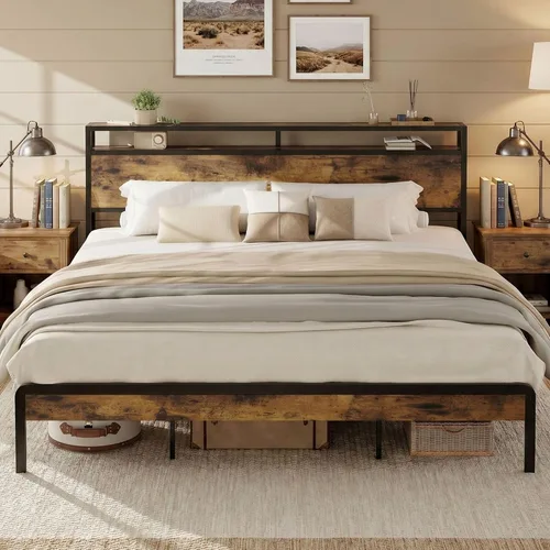 Vista 12 de LIKIMIO Marco de cama tamaño Queen, cama de plataforma con cabecera de almacenamiento de 2 niveles Marco de cama de metal, sólido y estable, sin