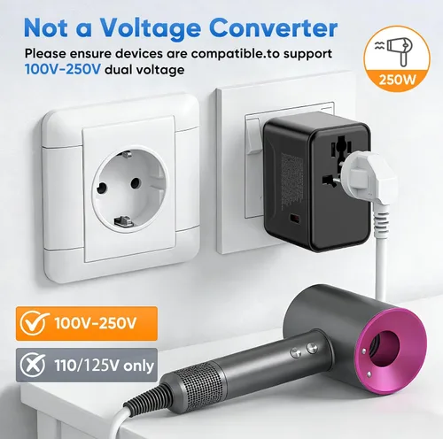 Vista 5 de Adaptador de viaje universal - Adaptador de corriente internacional de 35 W con fusible de reinicio automático, adaptador de enchufe USB-C PD