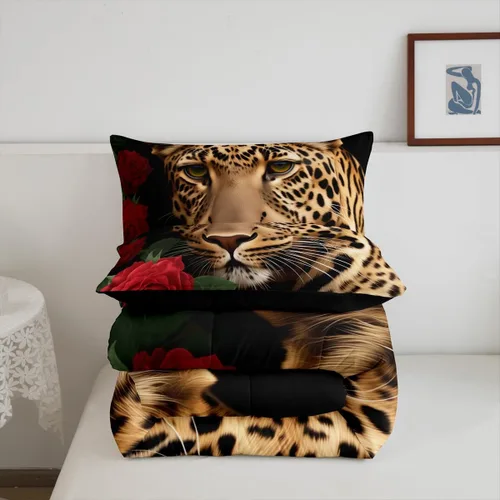 Vista 5 de Erosebridal Juego de ropa de cama de guepardo con rosa roja, juego de edredón con estampado de leopardo y gato, edredón romántico de plumón, Multi 03