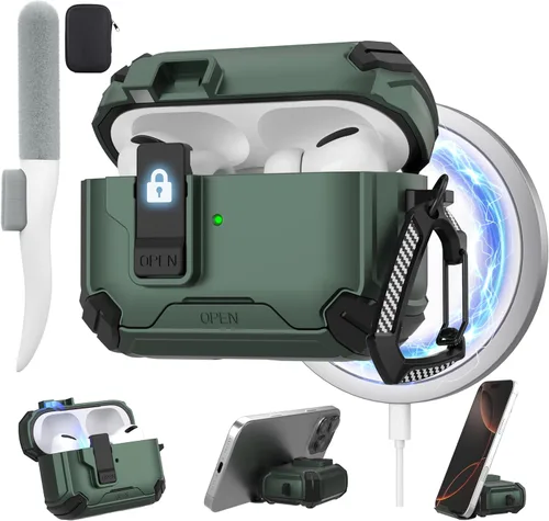 Vista 32 de Maxjoy Funda protectora para AirPods 4 2024, funda protectora para AirPods de 4ª generación con bloqueo automático, compatible con MagSafe, Verde