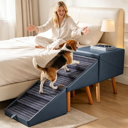 Vista 3 de Rampa para perros de 21.06 pulgadas de alto para cama alta, escaleras de Azul Pizarra