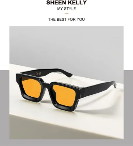 Vista 8 de SHEEN KELLY Gafas de sol rectangulares gruesas retro gruesas para mujeres y hombres, a la moda, cuadrados, negros, montura tipo tortie, gafas