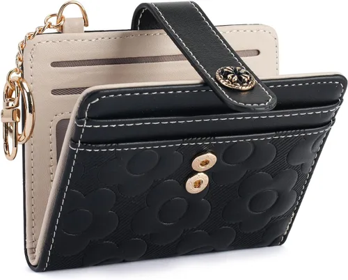 Vista 10 de Cartera RFID para mujer, delgada y pequeña, de piel con estampado de flores, plegable, compacta, con tarjetero y bolsillo para monedas, color marrón