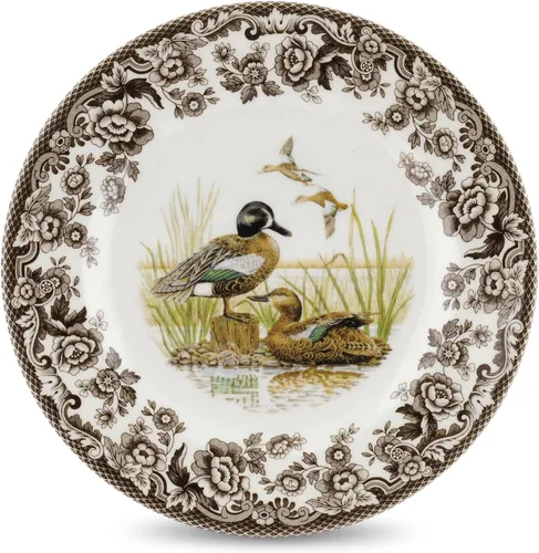 Vista 13 de Spode Woodland Bass Plato de Ensalada - 8" Loza Fina, Hecho en Inglaterra, Diseño de Pez de Caza con Borde de Flores Británicas para Ensaladas