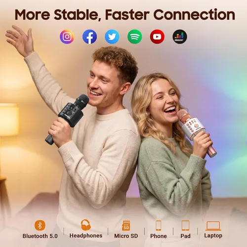 Vista 3 de BONAOK - Micrófono inalámbrico Bluetooth de karaoke, 3 en 1; máquina altavoz con micrófono de karaoke portátil de mano para fiesta de cumpleaños