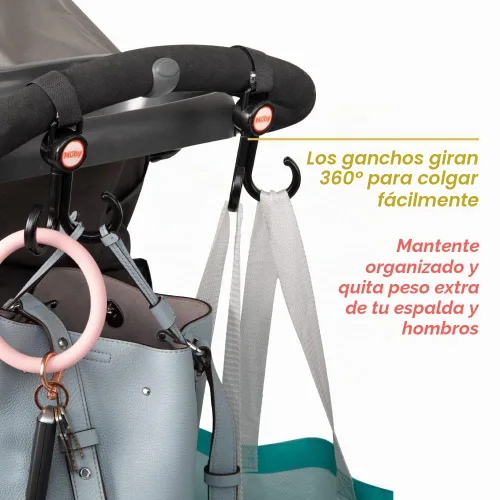 Vista 3 de Nuby Gancho doble para cochecito, gancho ajustable, negro o gris