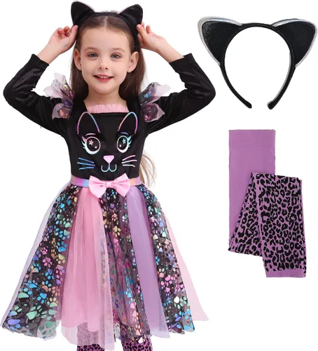 Vista 6 de Wizland Disfraz de gato lindo para niñas, traje de cosplay de gato, regalo de cumpleaños de Navidad para niñas Vestido de gato con diadema