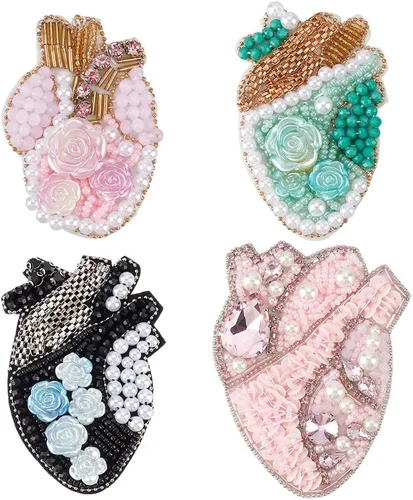 Vista 10 de INFUNLY 4 parches de cuentas de diamantes de imitación de ojo de corazón de 4.1 x 2.9 pulgadas, parches para coser en forma de corazón, hechos a