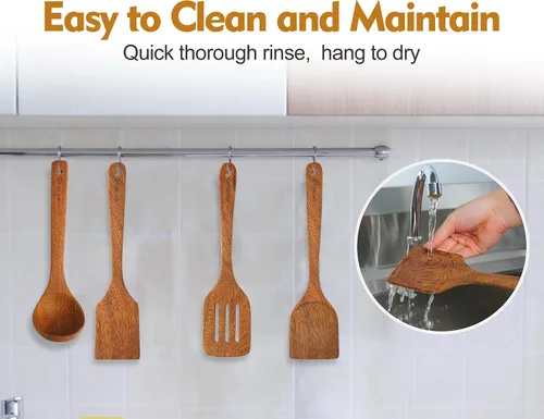 Vista 8 de Juego de 3 espátulas de madera natural, cuchara de cocina de madera maciza, antiadherente, utensilios de cocina ranurados, cucharas de madera