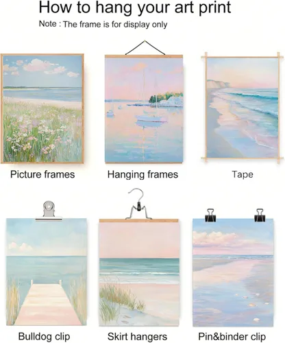 Vista 8 de DULASI Juego de 6 lienzos de paisaje costero de playa, impresiones en lienzo de océano rosa y azul, cuadros abstractos de paisaje marino de verano