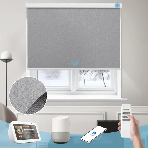 Vista 24 de Persiana enrollable inteligente 100 % opaca, pantalla motorizada compatible con Alexa Google, persiana de control de aplicación para ventana Tela