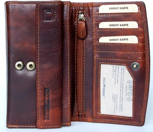 Vista 2 de Amplia cartera de cuero RFID hecha de una fuerte piel de vaca auténtica, Marrón