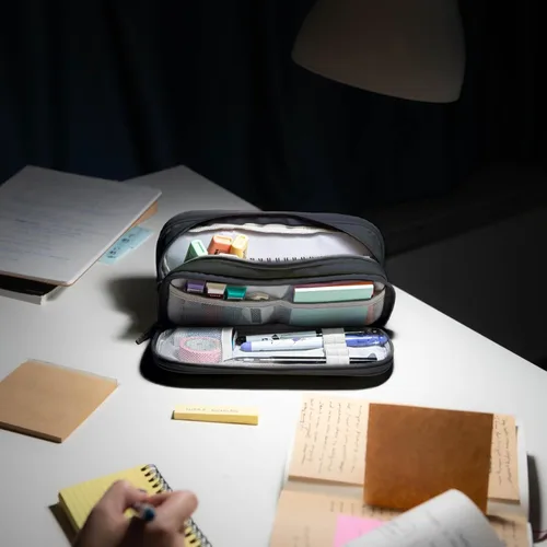 Vista 6 de Estuche grande para lápices, bolsa de gran capacidad con 4 compartimentos, múltiples bolsillos, bolsa de lápices portátil con cremallera Negro