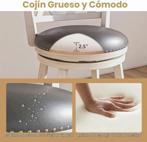 Vista 3 de GIANTEX - Juego de 2 taburetes de bar de 25.5 pulgadas, taburetes giratorios de altura de mostrador con respaldo, asiento acolchado de 20 pulgadas