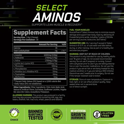 Vista 3 de MusclePharm Select Amino's Amino's EAA + BCAAs, polvo de aminoácidos esenciales después del entrenamiento, suplemento energético preentrenamiento