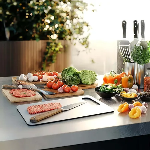 Vista 7 de Tabla de cortar de acero inoxidable, tabla de cortar de cocina 304 de grado alimenticio, uso de doble cara, disponible en tres tamaños, inodoro