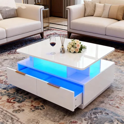 Vista 3 de Garvee Mesa auxiliar LED con almacenamiento, mesas centrales de alto brillo de 35 pulgadas con 4 cajones y estante abierto, mesa de sofá rectangular