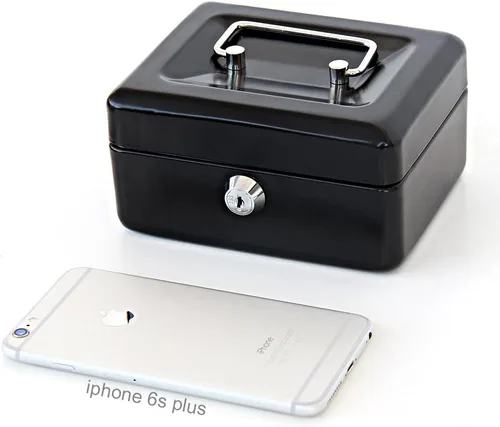Vista 7 de Decaller - Caja de dinero pequeña con cerradura de llave, caja de dinero de metal portátil con doble capa y 2 llaves para seguridad, negro, 6 x 4