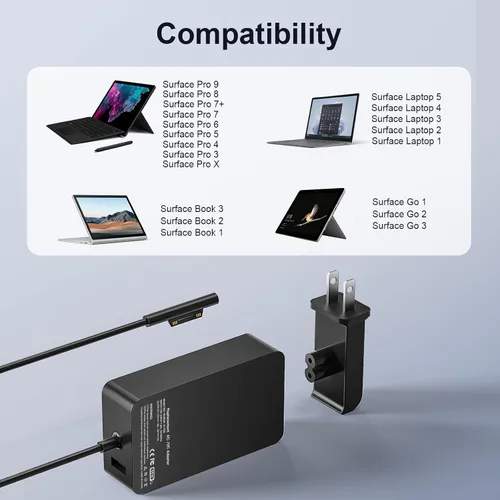 Vista 4 de 65W Microsoft Surface Charger Pro/Laptop/Book/Go Replacement AC Adapter Fits Surface Pro1-11, Laptop1-7, Book1-3, Go1-3, 65W works with 44W/36W