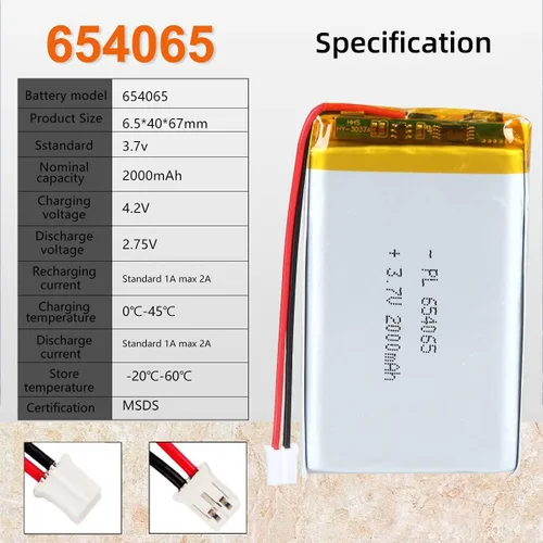 Vista 3 de 10 unids 3.7 V 654065 2000 mAh Lipo batería recargable de polímero de litio ion batería con PH2.0.000 in JST conector