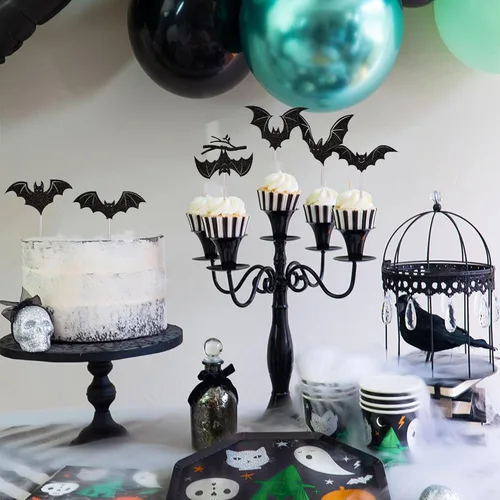 Vista 4 de 30 piezas de decoración de murciélagos de Halloween para cupcakes de murciélago con purpurina negra para Halloween, decoración de pasteles de Negro