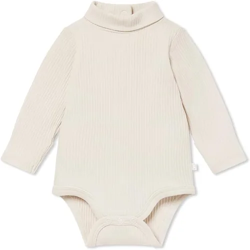 Vista 6 de MORI Body unisex de cuello alto acanalado para bebé con apertura trasera, cómodo mameluco de una pieza de cuello alto para niños y niñas azul