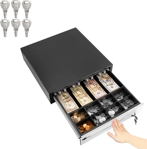 Vista 9 de HK SYSTEMS 16" "acero inoxidable" frontal resistente negro POS Cajón de efectivo con 4Bill/8Coin "acero inoxidable" para Canadá