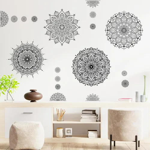 Vista 7 de Kazova Calcomanía de pared de mandala grande, murales artísticos negros para despegar y pegar, calcomanías de mandala boho para dormitorio, sala