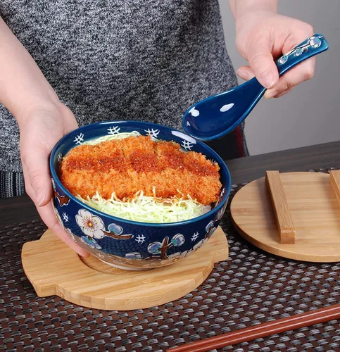 Vista 2 de Happy Sales HSKM-CHRYB8, juego de tazón para ramen, fideos de arroz estilo vintage japonés Kamameshi con tapa de bambú, esterilla, palillos