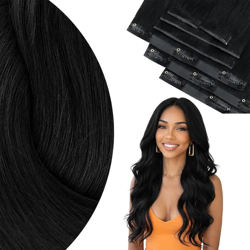 Vista 60 de Ve Sunny Extensiones de cabello clip-in de cabello humano real con reflejos, extensiones de cabello con clip para cabello corto, marrón oscuro