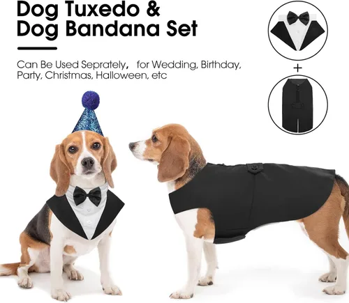 Vista 2 de Kuoser Conjunto de esmoquin para perro, traje de perro y bandana Negro