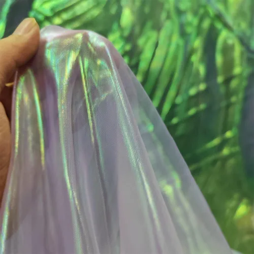 Vista 8 de Tela de encaje de organza con gradiente láser arcoíris mágico, tela de gasa holográfica iridescente para vestido de novia, cortina, fondo, fiesta
