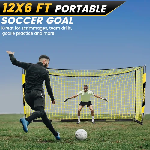 Vista 4 de MangoStar Portería de fútbol, 3,7 x 1,8 m con base metálica plegable, red de fútbol portátil para patio trasero, fácil de montar, red de fútbol