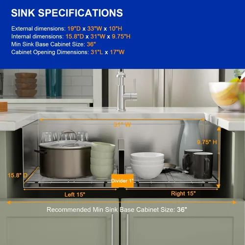 Vista 6 de Dcolora DC-U-1111 - Fregadero de cocina de 33 pulgadas con doble tazón, estación de trabajo de acero inoxidable 50/50 dividida baja dividida calibre
