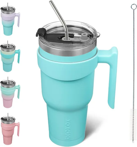 Vista 82 de BJPKPK Mini vaso de 10 onzas con tapa, popote y asa, taza de acero aislada
