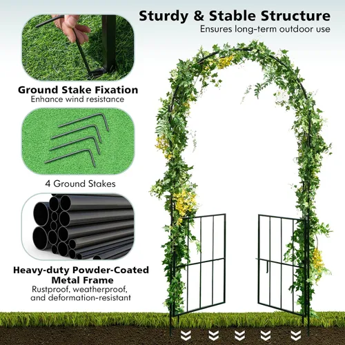 Vista 4 de Giantex Enrejado de jardín con puerta, arco de jardín de metal de 7.5 pies con puerta y estacas para plantas trepadoras, enredaderas de rosas
