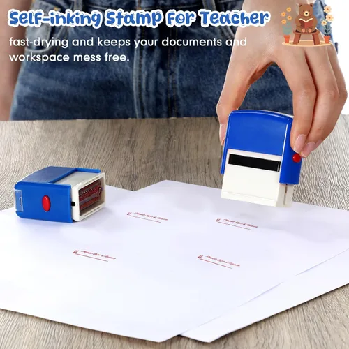 Vista 4 de XunYee 2 sellos rectangulares con texto en inglés «Please Sign & Devuelve» para profesores, autoentintados, recargables, para profesores, padres