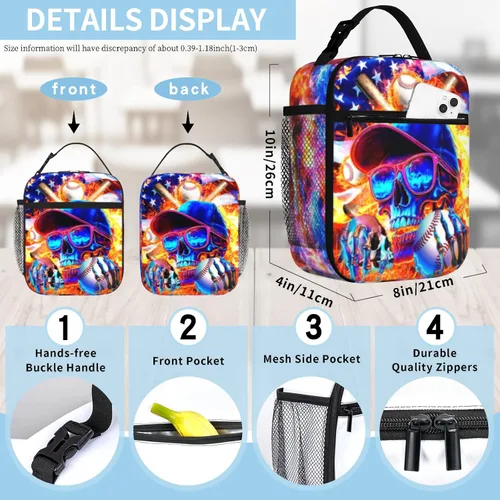 Vista 2 de Lonchera de béisbol para niños, con aislamiento, con diseño de calavera y béisbol, lonchera para niños, escuela, trabajo, oficina, viajes, picnic