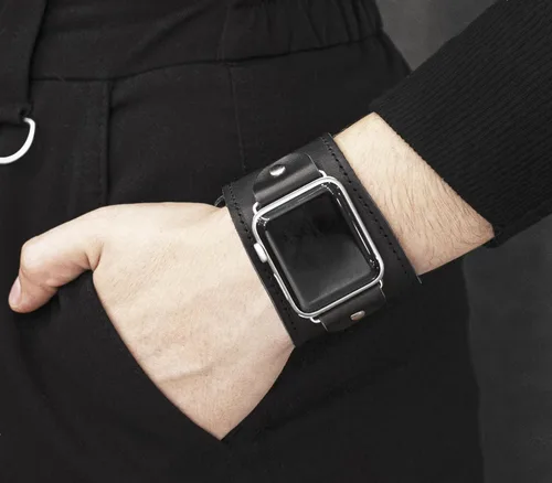 Vista 2 de Correa de cuero cosida ancha compatible con Apple Watch de 1.496 in 1.575 in 1.614 in 1.654 in 1.732 in 1.772 in 1.811 in 1.929 in, hecho a mano UA