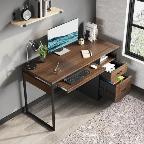 Vista 9 de Bestier - Escritorio de computadora de 48 pulgadas con cajones, escritorio de oficina con almacenamiento, escritorio de escritura de madera Cereza