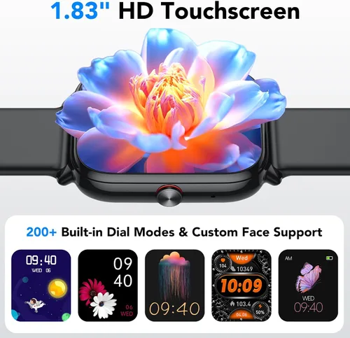 Vista 3 de Reloj inteligente para hombres y mujeres (respuestas/hacer llamadas), monitor de fitness con pantalla táctil HD de 1.83 pulgadas, tiempo de Negro