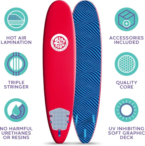 Vista 4 de Bloo Tide Tabla de surf de 8 pies con parte superior suave roja con diseño de Wavizm azul gráfico inferior