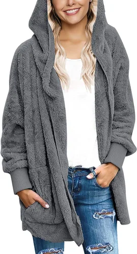 Vista 3 de Yanekop Chaqueta de forro polar mullido con capucha y bolsillos para mujer