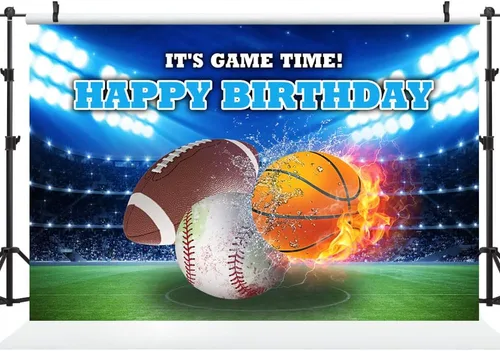 Vista 2 de Ticuenicoa Telón de fondo de cumpleaños deportivo de 5 x 3 pies para niños, fútbol, baloncesto, béisbol, cumpleaños, fondo de cumpleaños para niños